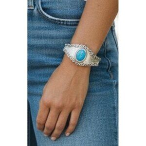 Sterling Silver PZ Israel Cuff Bracelet Turquoise Cabochon 925 Artisan 26.3g
